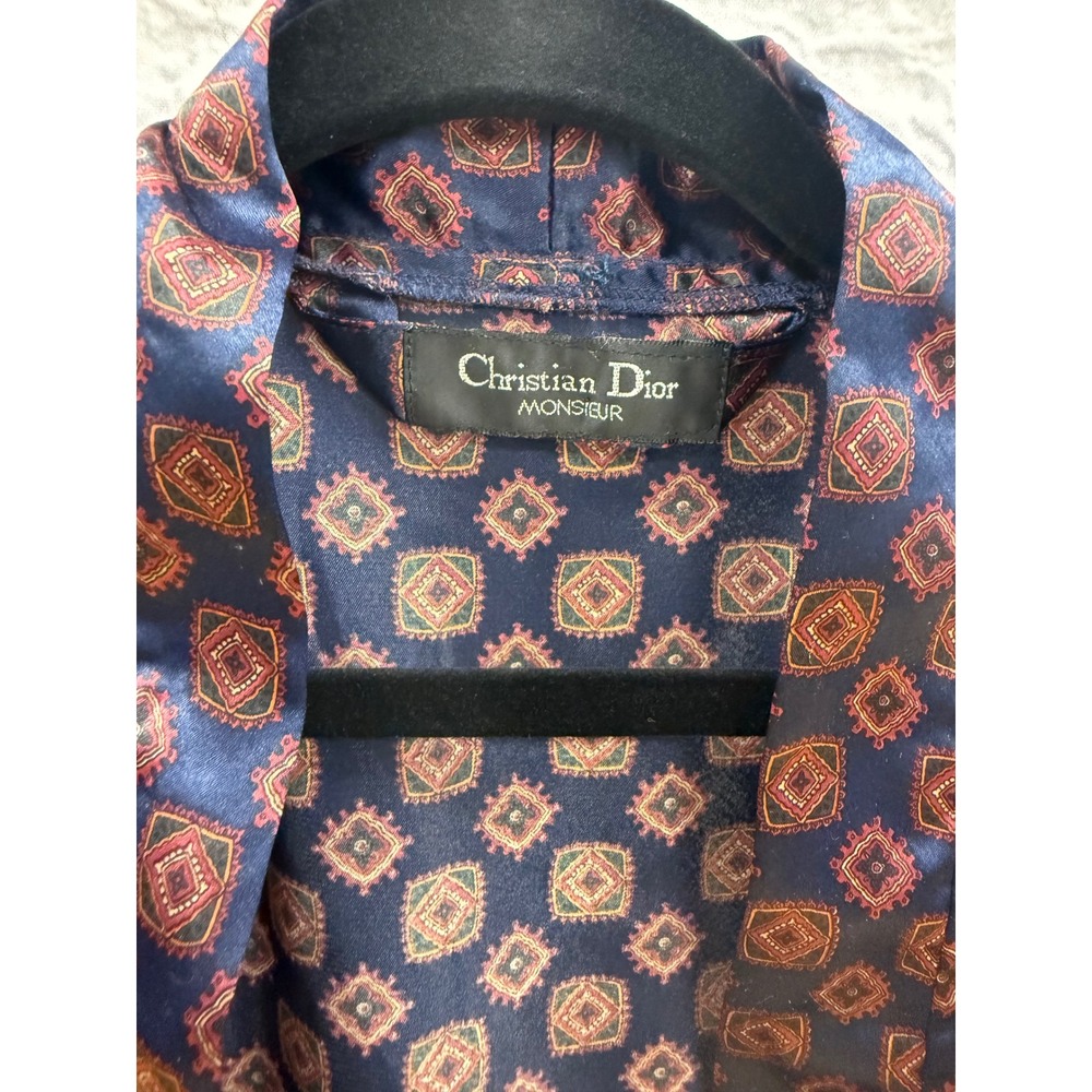 Christian Dior Monsieur Mens Satin Robe Navy Blue Print One Size Vintage - Picture 4 of 11